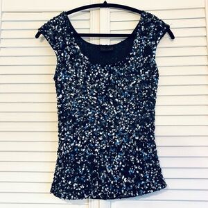 Frank Usher Navy Blue Sequin Blouse Top Cocktail Size 6